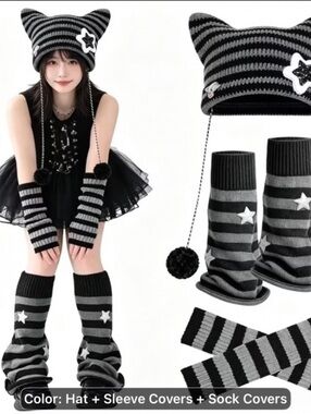 Cat-Ear Beanie, Arm Warmers & Leg Warmers Set